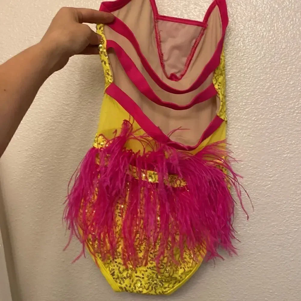 Weissman Elite Dance costume yellow sequin Feather Bustle Leotard SQ11458 XSA